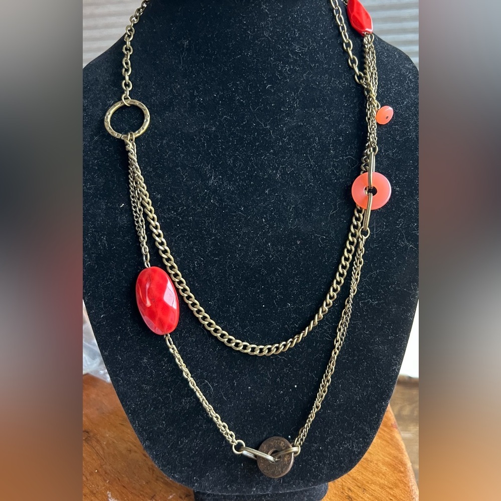 Premier Designs PIPER Red Acrylic Brass Chain Necklace Retro NWOT 38” #511 - Picture 8 of 8